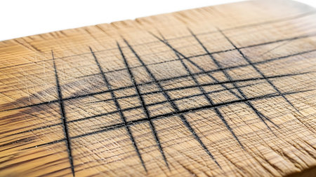 Detailed view of a textured wooden cutting board showing deep black score marks from knife cuts...