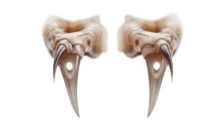 Stock showing pair of bird claws with sharp talons and holes on white background.