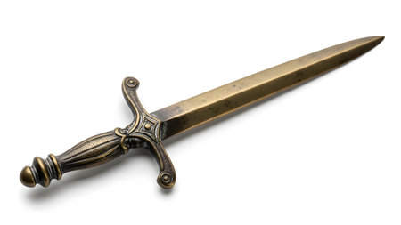 Opener showing antique brass letter opener with ornate handle and pointed blade on white...の写真素材