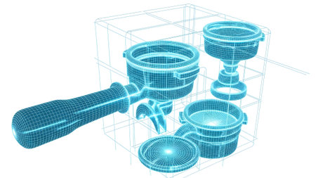 Baskets showing blue wireframe 3d model of espresso machine portafilter and baskets on white....の写真素材