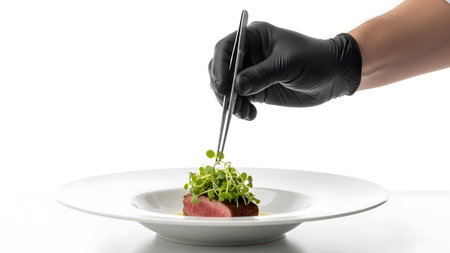 A piece of steak on a white plate is garnished with microgreens by tweezers held by a gloved hand.