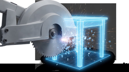 Glowing circular saw blade cutting a glowing blue wireframe table with debris flying....