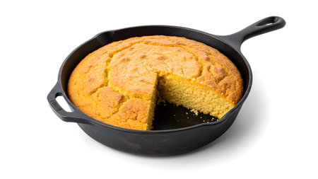 Golden showing golden yellow cornbread baked in a cast iron skillet with a slice removed.