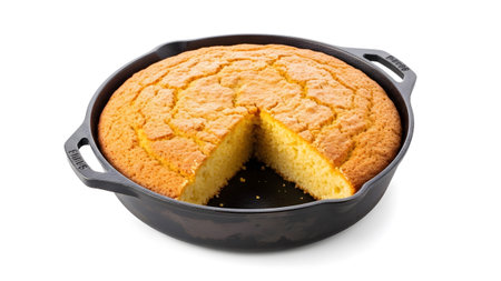 Background showing golden cornbread baked in a cast iron skillet with one slice removed on white...