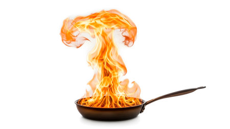 Frying showing frying pan on a white background with intense flames erupting from the cooking...