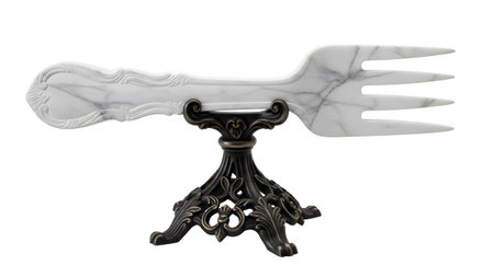 Stand showing large marble fork sculpture displayed on ornate metal stand with white background....