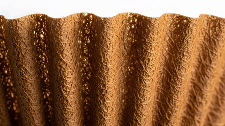 Close-up of a rippled brown textured paper with an intricate woven pattern and delicate frayed...