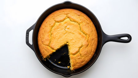 A golden brown cornbread baked in a black cast iron skillet with one slice cut out, presented on...