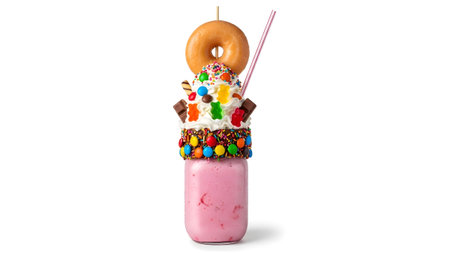 Cream showing pink strawberry milkshake loaded with whipped cream donut and gummy candies on...の写真素材