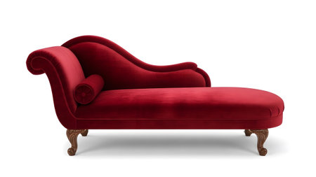 A plush red velvet chaise lounge with elegantly rolled arms and intricately carved wooden legs...