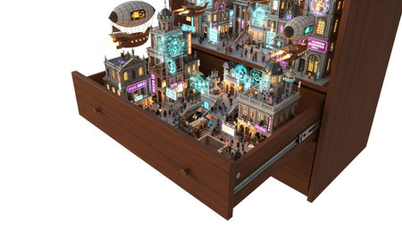 Steampunk showing steampunk city diorama inside an open wooden drawer with airships and tiny...の写真素材