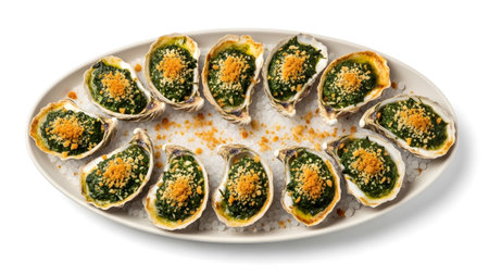 Twelve baked oysters topped with a green mixture and breadcrumbs, arranged on a white oval...