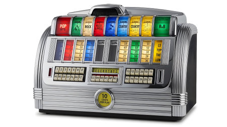 Vintage showing vintage chrome jukebox with colorful music genre selection buttons and numbered...