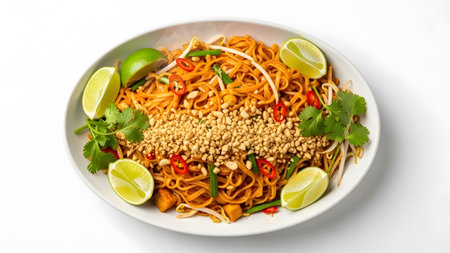 showing spicy pad thai noodles with lime chili peppers peanuts and cilantro garnish.の写真素材