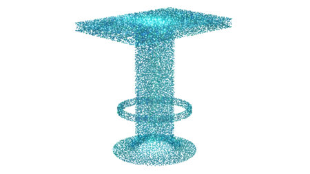 A 3D rendered futuristic bar stool composed of many small blue shimmering particles on a white...の写真素材