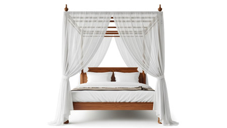 Frame showing four poster canopy bed with white drapes and wooden frame on white background....の写真素材