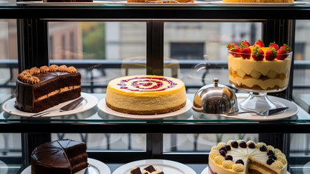 Cake showing display case filled with various cakes and desserts including chocolate cake and...