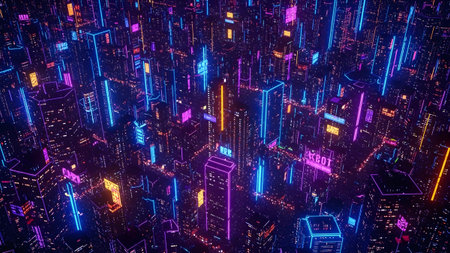 Lights showing neon cityscape at night with blue purple and orange lights. resolution