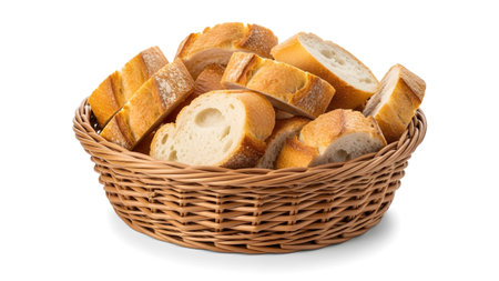 Background showing woven basket overflowing with sliced baguette bread on a white background....の写真素材