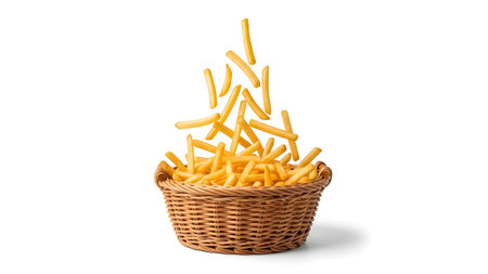 A woven wicker basket is filled with golden french fries, with several fries falling out of the