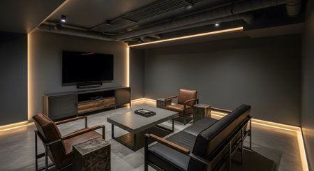 Modern living room with ambient lighting and minimalist decor