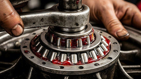 Close-up of hands applying thick red lubricant to a metal wheel bearing assembly during a repair.