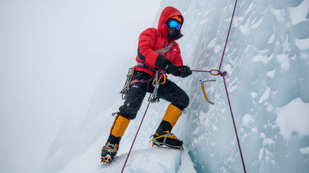A mountaineer in a red jacket climbs a steep ice wall using climbing equipment....