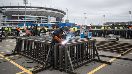 A construction worker welds metal barricades outdoors in front of a large stadium during setup.