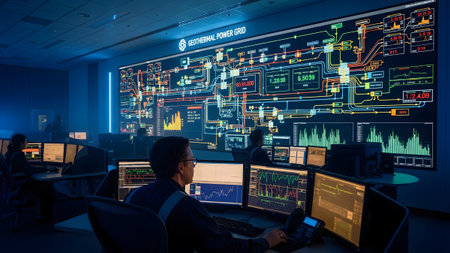 An engineer sits at a desk facing a massive wall screen displaying complex geothermal power data.
