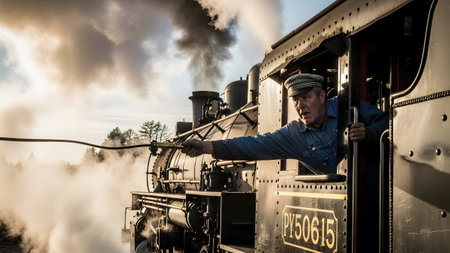 An engineer in a cap operates a vintage steam locomotive while reaching out from the engine cab.