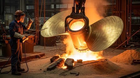 A technician observes a large molten bronze propeller being hoisted inside a busy industrial...
