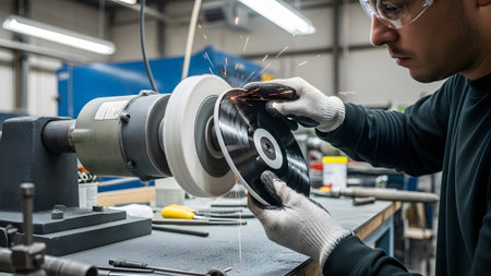 A worker in safety gear grinds a circular metal creating bright sparks in a workshop area.