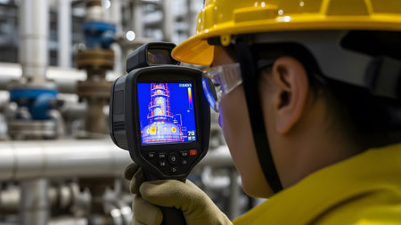 A technician wearing a yellow hard hat and safety goggles holds a thermal imaging camera device.