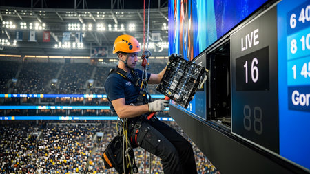 A technician in a safety harness repairs a large digital stadium scoreboard during a live event.