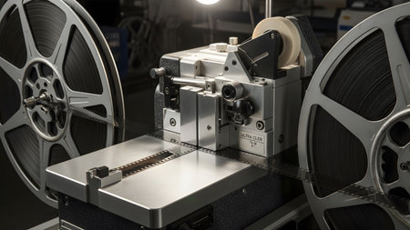 analog splicing equipment featuring large metal reels and photographic... splicing,...