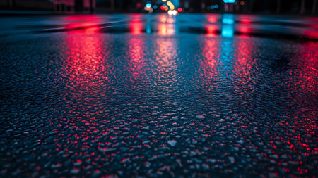 A close up view of wet asphalt road surface reflecting vibrant red and blue neon city street lights.