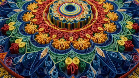 A close-up view of intricate paper quilling featuring vibrant colors and floral patterns.
