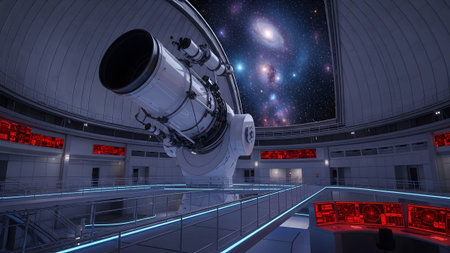 A large telescope sits inside a modern observatory dome pointed toward a vibrant deep space galaxy.