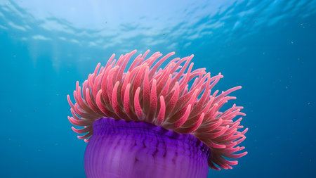 A bright pink sea anemone with a purple base extends its tentacles in the deep blue ocean water.