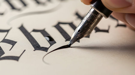 A close up view of a hand holding a fountain pen, writing gothic script on aged parchment paper.