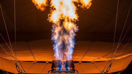 A powerful orange flame erupts from a metal burner into the dark fabric canopy of the balloon.