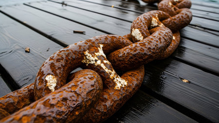 A heavy rusted iron chain with thick links lies across wet dark wooden planks at a harbor.