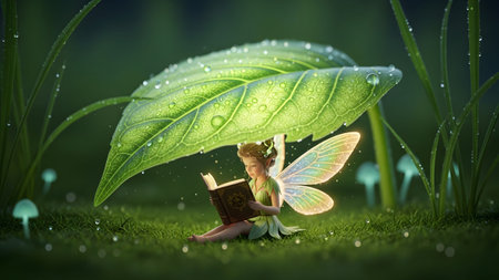 A fairy with glowing wings reads a book under a large green leaf in a dark, mossy forest area.