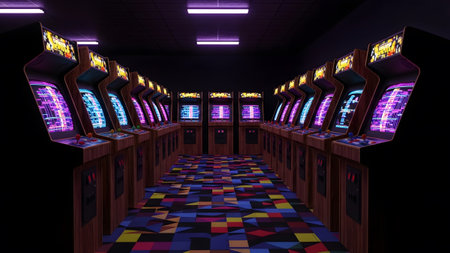 A dark room filled with rows of classic arcade cabinets illuminated by purple neon ceiling lights.