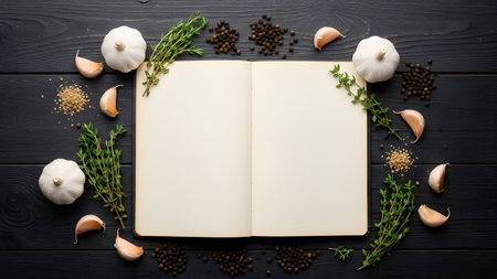 An open blank cookbook on a dark wooden table surrounded by garlic cloves, thyme, and peppercorns.