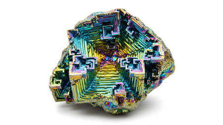 A vibrant iridescent bismuth crystal complex geometric staircase structures and colors....