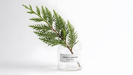 A fresh green cedar of Lebanon branch is placed inside a small clear glass jar on white ground.