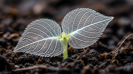 A tiny plant with translucent, vein-patterned leaves emerges from dark, textured garden soil.