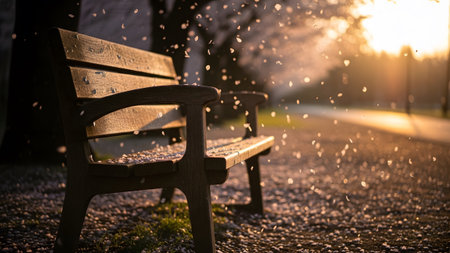 A wooden bench sits in a park as cherry blossom petals fall during a warm golden hour sunset.