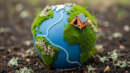 A small orange camping tent sits on a globe covered in green moss, symbolizing nature and travel.